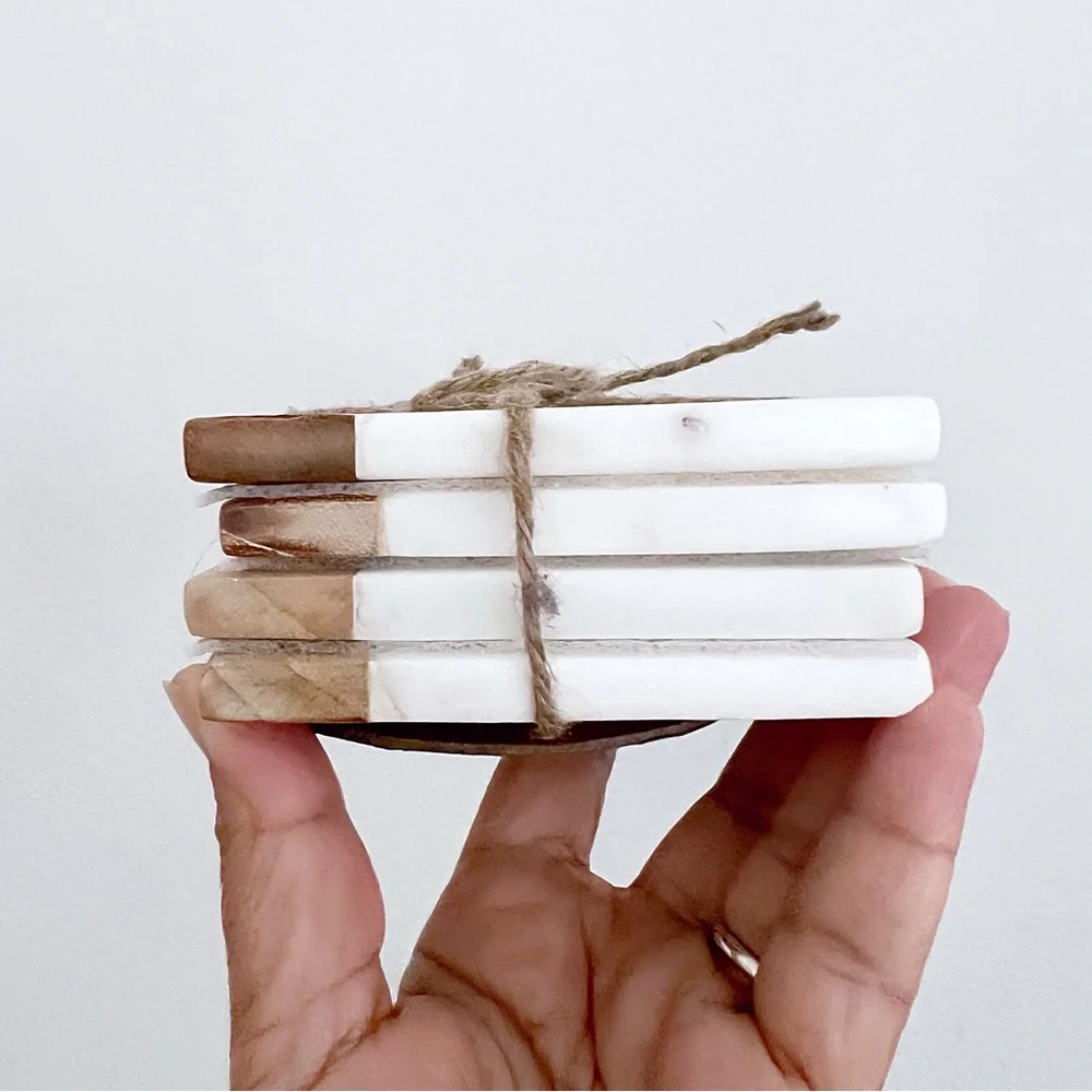 Marble and Wood 4 piece Drink Coasters Set